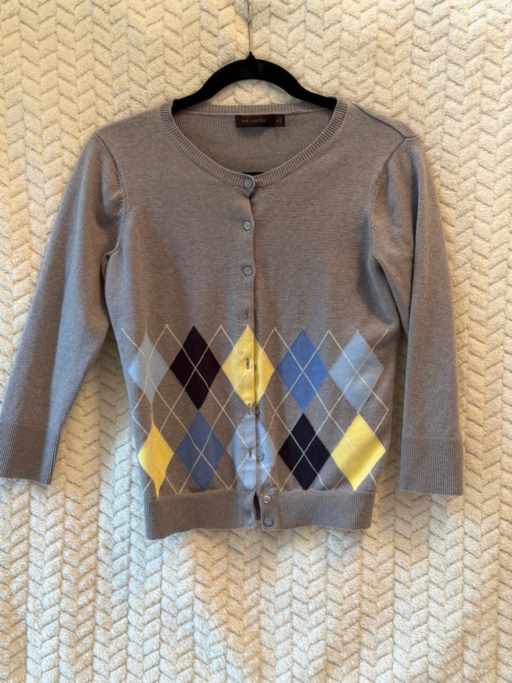 The Limited Gray Argyle Button-Up Cardigan with Yellow & Blue Diamonds